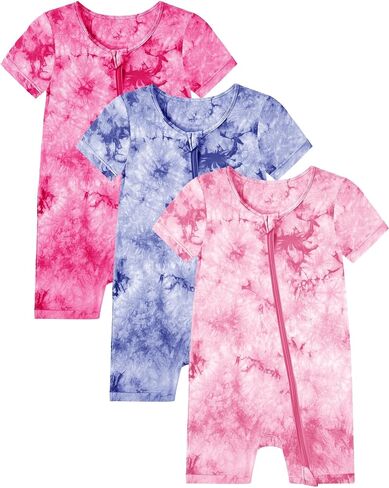 Jimonda Baby Girl Boys Rayon From Bamboo Pajamas 3 Pack Short Sleeve Footless Romper 2 Way Zipper Tie Dye Pjs Sleeper 0-24M in Saudi Arabia