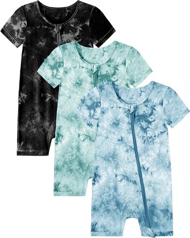 Jimonda Baby Girl Boys Rayon From Bamboo Pajamas 3 Pack Short Sleeve Footless Romper 2 Way Zipper Tie Dye Pjs Sleeper 0-24M in Saudi Arabia
