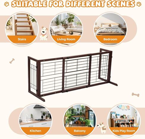 COZIWOW 38-60" Dog Gate Indoor, Free Standing Pet Gate for Doorways Extra Wide, Wooden Fence Puppy Safety Gates for The House, Stairs, Hallway, No Drilling Required,Brown in Kuwait