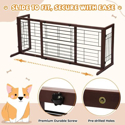 COZIWOW 38-60" Dog Gate Indoor, Free Standing Pet Gate for Doorways Extra Wide, Wooden Fence Puppy Safety Gates for The House, Stairs, Hallway, No Drilling Required,Brown in Kuwait