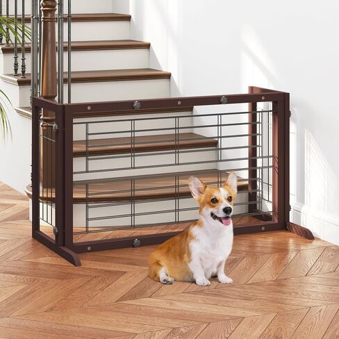 COZIWOW 38-60" Dog Gate Indoor, Free Standing Pet Gate for Doorways Extra Wide, Wooden Fence Puppy Safety Gates for The House, Stairs, Hallway, No Drilling Required,Brown in Kuwait