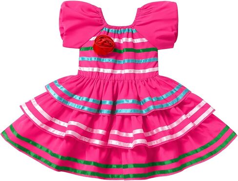 Awibmk Baby Girls فستان مكسيكي مربع رقبة نفخة نفخة مخططة زهرة متطورة ثياب ثياب Pageant Cinco de Mayo فساتين in Saudi Arabia