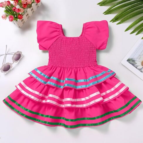 Awibmk Baby Girls فستان مكسيكي مربع رقبة نفخة نفخة مخططة زهرة متطورة ثياب ثياب Pageant Cinco de Mayo فساتين in Saudi Arabia