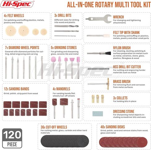 مجموعة أدوات Rotary Hi-spec تعيين 170W 1.4A مع إكسسوارات بتات متوافقة مع 121 قطعة. الحفر ، قطع ، تقليم ، طحن ورمال في إصلاحات DIY ، الهوايات والحرفية in Kuwait