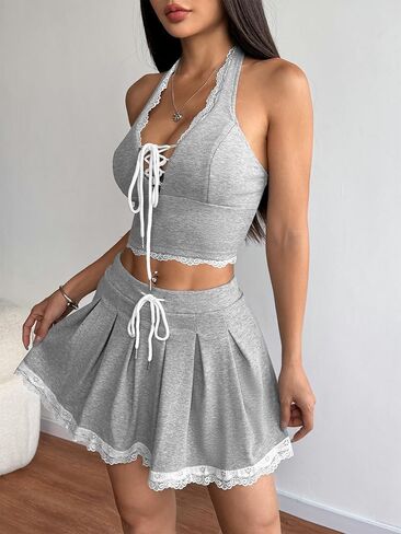 Ladies Lace Short Skirt Halter Neck Camisole مجموعة من قطعتين ، أعلى دبابات مضلعة فرنسية وتنورة مصغرة للأناقة والصالة in Kuwait