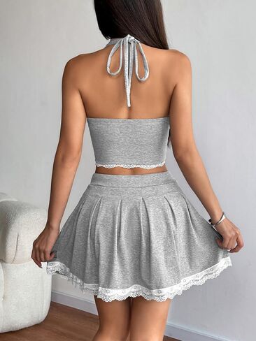 Ladies Lace Short Skirt Halter Neck Camisole مجموعة من قطعتين ، أعلى دبابات مضلعة فرنسية وتنورة مصغرة للأناقة والصالة in Kuwait