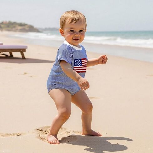 Madjtlqy Baby Boy Girl 4th of July Outfit Letter Print Short Sleeve Oversized Bubble Romper Cute Infant patriotic clothes in Saudi Arabia