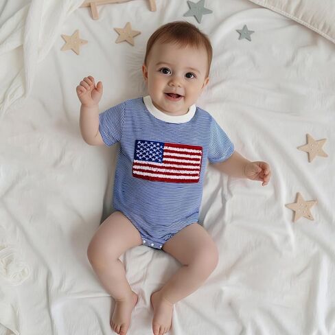 Madjtlqy Baby Boy Girl 4th of July Outfit Letter Print Short Sleeve Oversized Bubble Romper Cute Infant patriotic clothes in Saudi Arabia