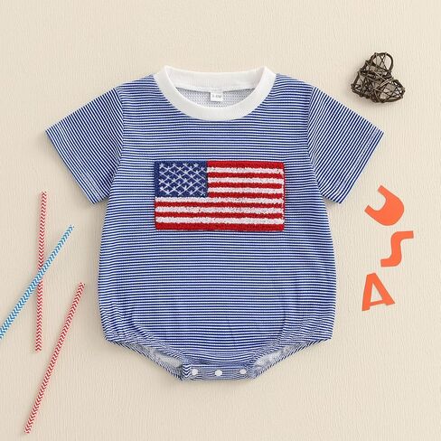 Madjtlqy Baby Boy Girl 4th of July Outfit Letter Print Short Sleeve Oversized Bubble Romper Cute Infant patriotic clothes in Saudi Arabia