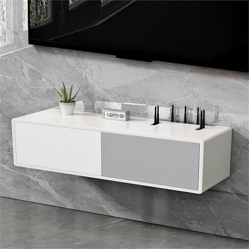 Wall Mounted Router Organizer Solid Wood Router Storage Box, Wall Wall-Mounted, Non-Perforated Wire Socket, Cover Ugly WiFi TV Cabinet Hidden Wire(White) in Saudi Arabia