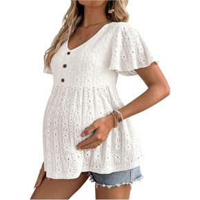 OYOANGLE Women's Maternity Tops Boho Eyelet Embroidery Short Sleeve Babydoll Ruffle Peplum Top