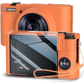 علبة السيليكون للكاميرا الرقمية PowerShot SX740/ SX730 مع غطاء العدسة القابلة للإزالة وحامي الشاشة وحبل باورشوت SX740/ SX730 -(Orange)