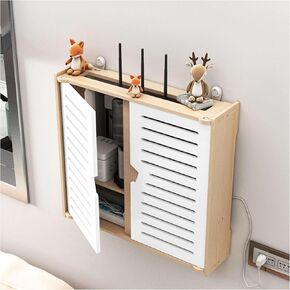 2 Layer WiFi Router Storage Box Wooden Router Shelf with with Cabinet Door, Wall-Mounted TV Set-top Box Decorative Power Strip Cable Management Hider Box -Small