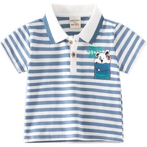 Toddler Baby Boy Stripe Cartoon Embroidery Polo Fashion T Shirts Baby Boys Button Front T Shirts Summer Casual Tops