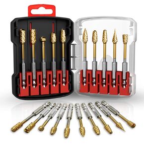 10PCS Titanium Gold Carbide Burr Set for Die Grinder Bits, 1/4" Quick-Change Shank,Compatible with Milwaukee & DeWalt | Metal/Wood/Stone Grinding & Cutting | Premium Storage Case