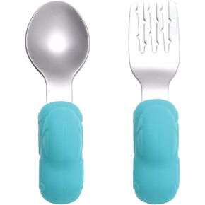Kisangel 1Pair Training Tableware Stainless Steel Fork Spoon with Short Handles Food Grade for Self Feeding present for Showers Portable Lightweight