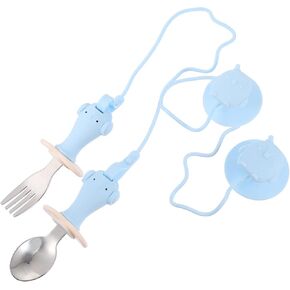 1Set Self Feeding Utensils Training Spoon Fork with Drop Suction Cup Non Slip Handle Easy to Clean Safe