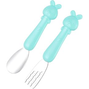 BESPORTBLE 1 Set Cartoon Short Handle Fork Spoon for Feeding Non Slip Design Smooth Edges Supplementary Food Tableware Blue Color