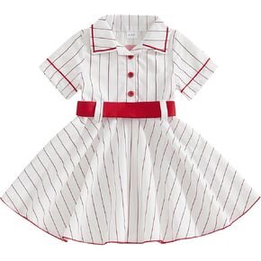 Toddler Baby Girl Dress Baseball Outfit Button Front Short Sleeve Belted Collar Aline Mini Dresses Summer Clothes