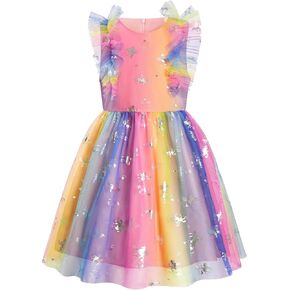 LQSZ Baby Girls Birthday Dress Ruffled Sleeve Tulle Princess Dress for Graduation Photo Shoots Vacation Outfit 3-12 Years