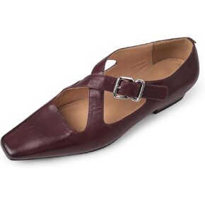 TinaCus Women's Square Toe Genuine Leather Handmade Cross Straps Buckle Comfortable Flats(Dark Red, US8.5)