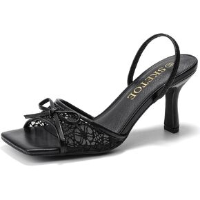 Kitten Heels for Women Square Toe Mesh Sandals Bow Knots Heels Open Toe Sandals for Women Comfortable Dressy Shoes for Wedding Party