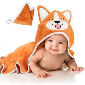 Corgi Dog Baby Bath Hooded Towel - Cozy & Warm - Ultra Soft and Absorbent - Baby Bath - Toddler - Newborn - Pets - Free Washcloth - 35" x 35" (Orange)