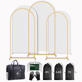 Arch Backdrop Stand and Cover Set (7.2ft,6.6ft,6ft) Metal Arch Frame Stand Gold, Wedding Birthday Party Baby Shower Graduation (White, 7.2Ft+6.6Ft+6Ft)