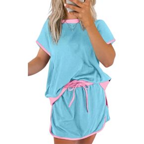 Pinklaura Short Set, Women's Colorblock Edge Drop Shoulder T-Shirt Skort Set, Women 2 Piece Outfits