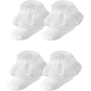 Newborn Baptism Socks Infant Turn Cuff White Christening Cotton Sock With Eyelet Ruffle Lace and Cross, 0-12 Months