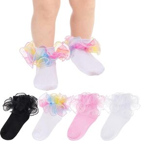 4 Pairs Baby Girls Ruffle Socks Double Lace Frilly Turn Cuff Cotton Dress Socks for Toddler Kids