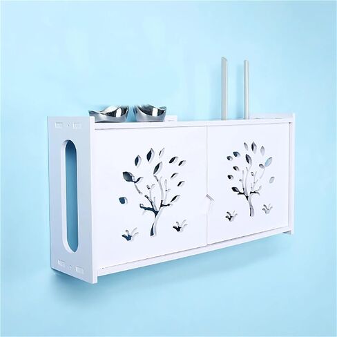 Wall Mounted Router Organizer Wireless WiFi Router Wall Rack Storage Box Wood Plastic Board Cable Power Wire Bracket Wall Hanging Holder(White Double Door) in Kuwait