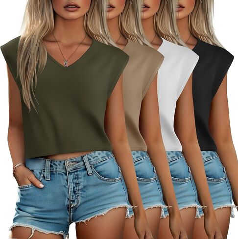 4 Pack Women's V Neck Cropped Tops Cap Sleeves Short T Shirts Loose Fit Casual Summer Crop Basic Solid Tees in Saudi Arabia