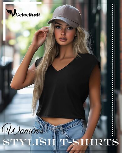 4 Pack Women's V Neck Cropped Tops Cap Sleeves Short T Shirts Loose Fit Casual Summer Crop Basic Solid Tees in Saudi Arabia