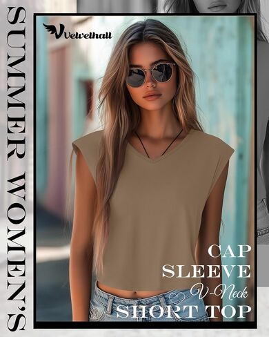 4 Pack Women's V Neck Cropped Tops Cap Sleeves Short T Shirts Loose Fit Casual Summer Crop Basic Solid Tees in Saudi Arabia