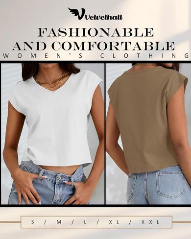 4 Pack Women's V Neck Cropped Tops Cap Sleeves Short T Shirts Loose Fit Casual Summer Crop Basic Solid Tees in Saudi Arabia