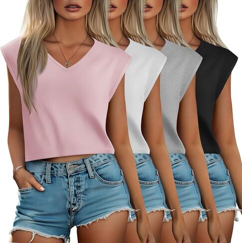 4 Pack Women's V Neck Cropped Tops Cap Sleeves Short T Shirts Loose Fit Casual Summer Crop Basic Solid Tees in Saudi Arabia