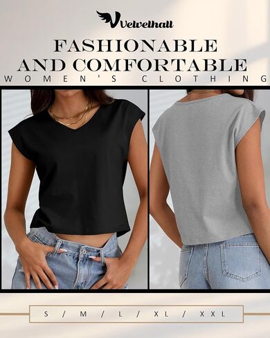 4 Pack Women's V Neck Cropped Tops Cap Sleeves Short T Shirts Loose Fit Casual Summer Crop Basic Solid Tees in Saudi Arabia