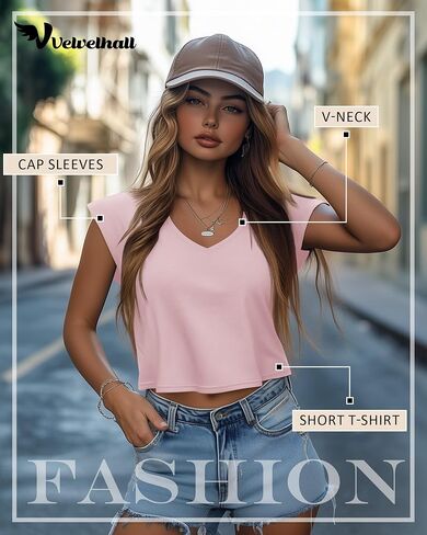 4 Pack Women's V Neck Cropped Tops Cap Sleeves Short T Shirts Loose Fit Casual Summer Crop Basic Solid Tees in Saudi Arabia