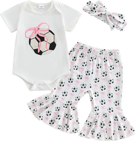 Newborn Baby Girl Soccer Outfit Soccer Bow Short Sleeve Bubble Romper Bell Bottom Pants Headband Set Summer Clothes in Kuwait