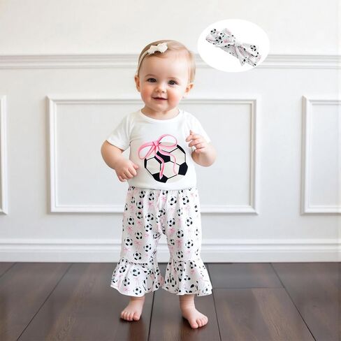 Newborn Baby Girl Soccer Outfit Soccer Bow Short Sleeve Bubble Romper Bell Bottom Pants Headband Set Summer Clothes in Kuwait