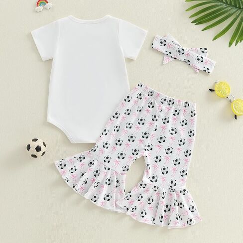 Newborn Baby Girl Soccer Outfit Soccer Bow Short Sleeve Bubble Romper Bell Bottom Pants Headband Set Summer Clothes in Kuwait