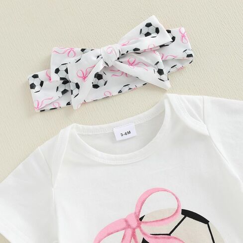 Newborn Baby Girl Soccer Outfit Soccer Bow Short Sleeve Bubble Romper Bell Bottom Pants Headband Set Summer Clothes in Kuwait