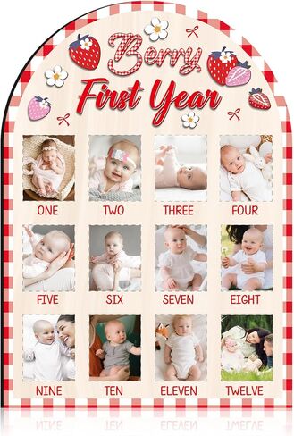 Berry First Year Photo Board ، Strawberry Baby Year First Picture Frame ، 12 شهرًا من المولود حديث الولادة علامات علامات عرض صور الخشب ، زخارف عيد الميلاد الأولى ، هدية واحدة حلوة. in Kuwait