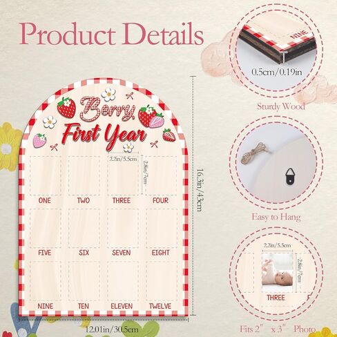 Berry First Year Photo Board ، Strawberry Baby Year First Picture Frame ، 12 شهرًا من المولود حديث الولادة علامات علامات عرض صور الخشب ، زخارف عيد الميلاد الأولى ، هدية واحدة حلوة. in Kuwait