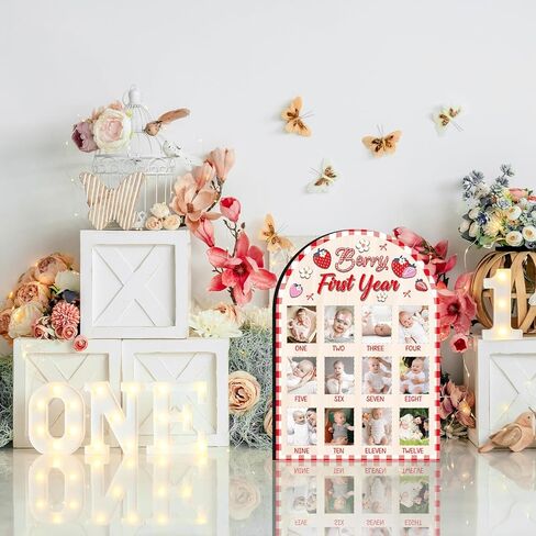 Berry First Year Photo Board ، Strawberry Baby Year First Picture Frame ، 12 شهرًا من المولود حديث الولادة علامات علامات عرض صور الخشب ، زخارف عيد الميلاد الأولى ، هدية واحدة حلوة. in Kuwait