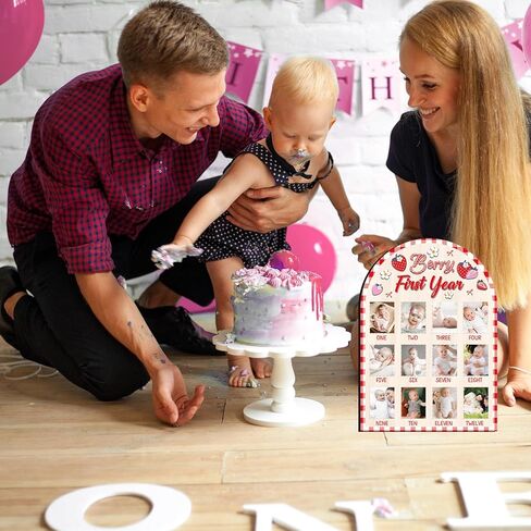 Berry First Year Photo Board ، Strawberry Baby Year First Picture Frame ، 12 شهرًا من المولود حديث الولادة علامات علامات عرض صور الخشب ، زخارف عيد الميلاد الأولى ، هدية واحدة حلوة. in Kuwait