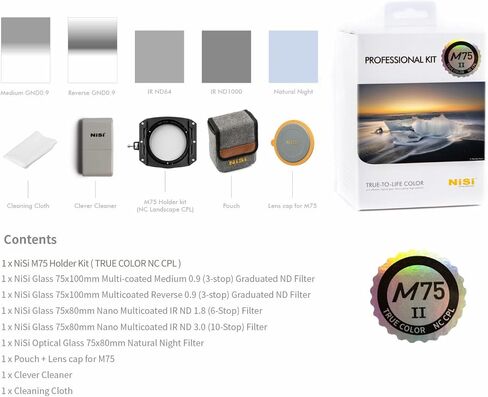 NiSi M75-II Professional Kit - 75mm Square Lens Filter Holder - Includes 67mm Ring with Integrated True Color CPL, 3-Stop Medium and Reverse GND, 6-Stop and 10-Stop ND, and Natural Night Filters in Kuwait