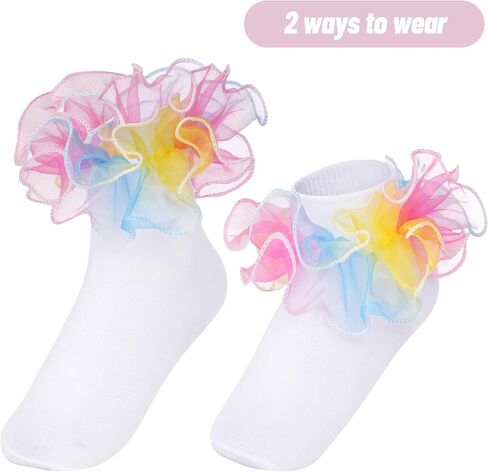 4 Pairs Baby Girls Ruffle Socks Double Lace Frilly Turn Cuff Cotton Dress Socks for Toddler Kids in Saudi Arabia