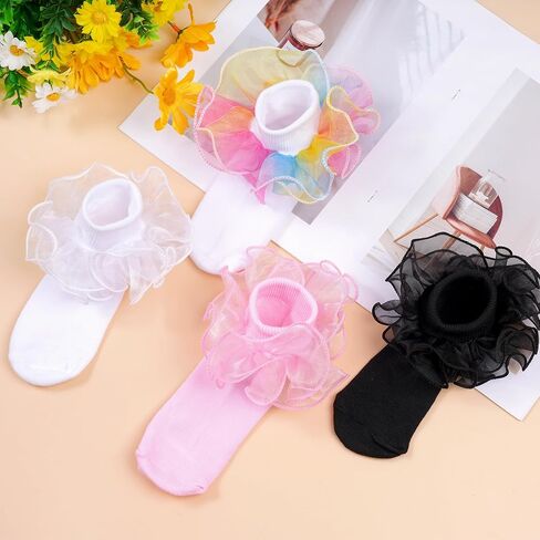 4 Pairs Baby Girls Ruffle Socks Double Lace Frilly Turn Cuff Cotton Dress Socks for Toddler Kids in Saudi Arabia